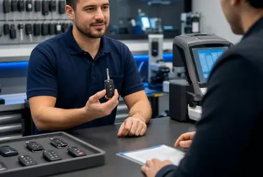 Profissional do chaveiro criando uma chave codificada