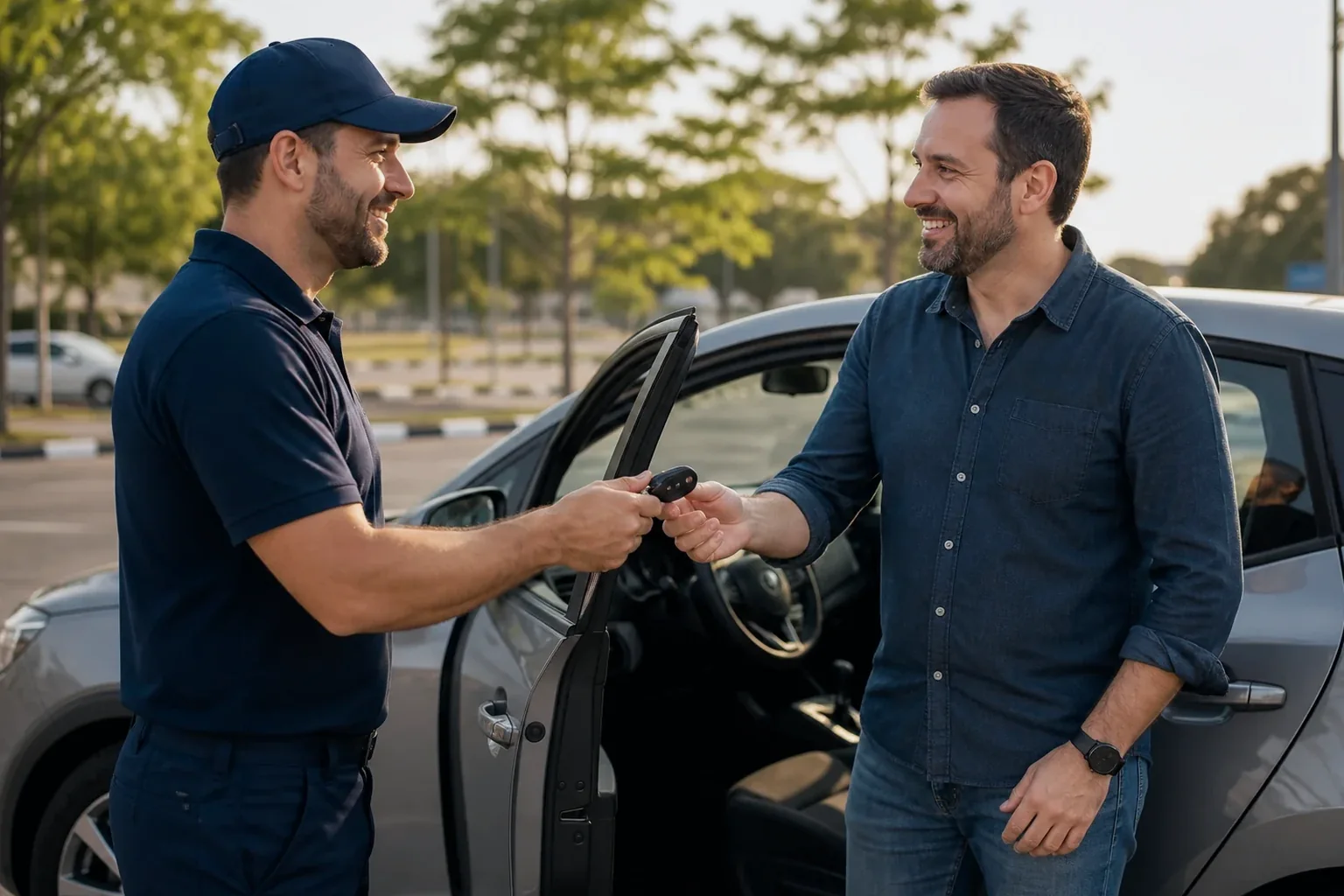 Técnico de chaveiro abrindo um carro com equipamento especializado