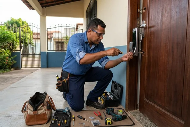 Técnico de chaveiro instalando uma fechadura digital