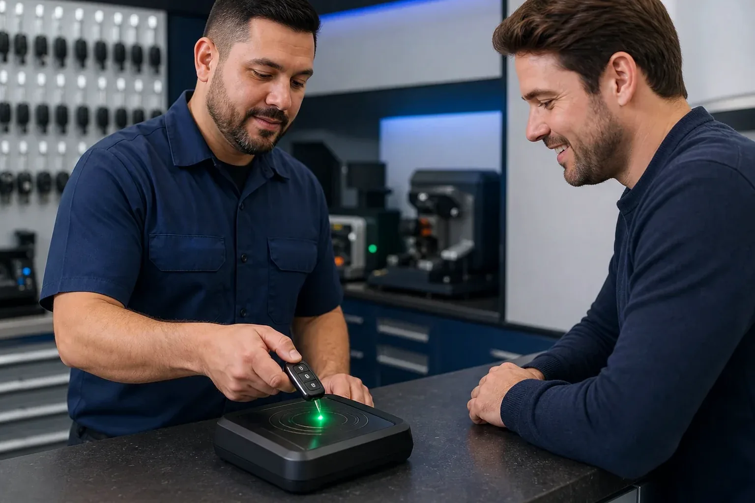 Técnico de chaveiro programando chave de controle