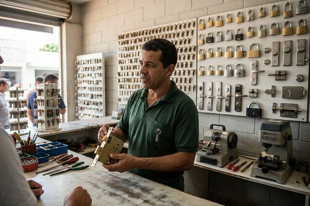 Várias fechaduras expostas em uma bancada de trabalho